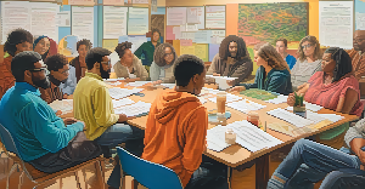 A diverse group of people discussing in a community center about hallucinogen legalization.