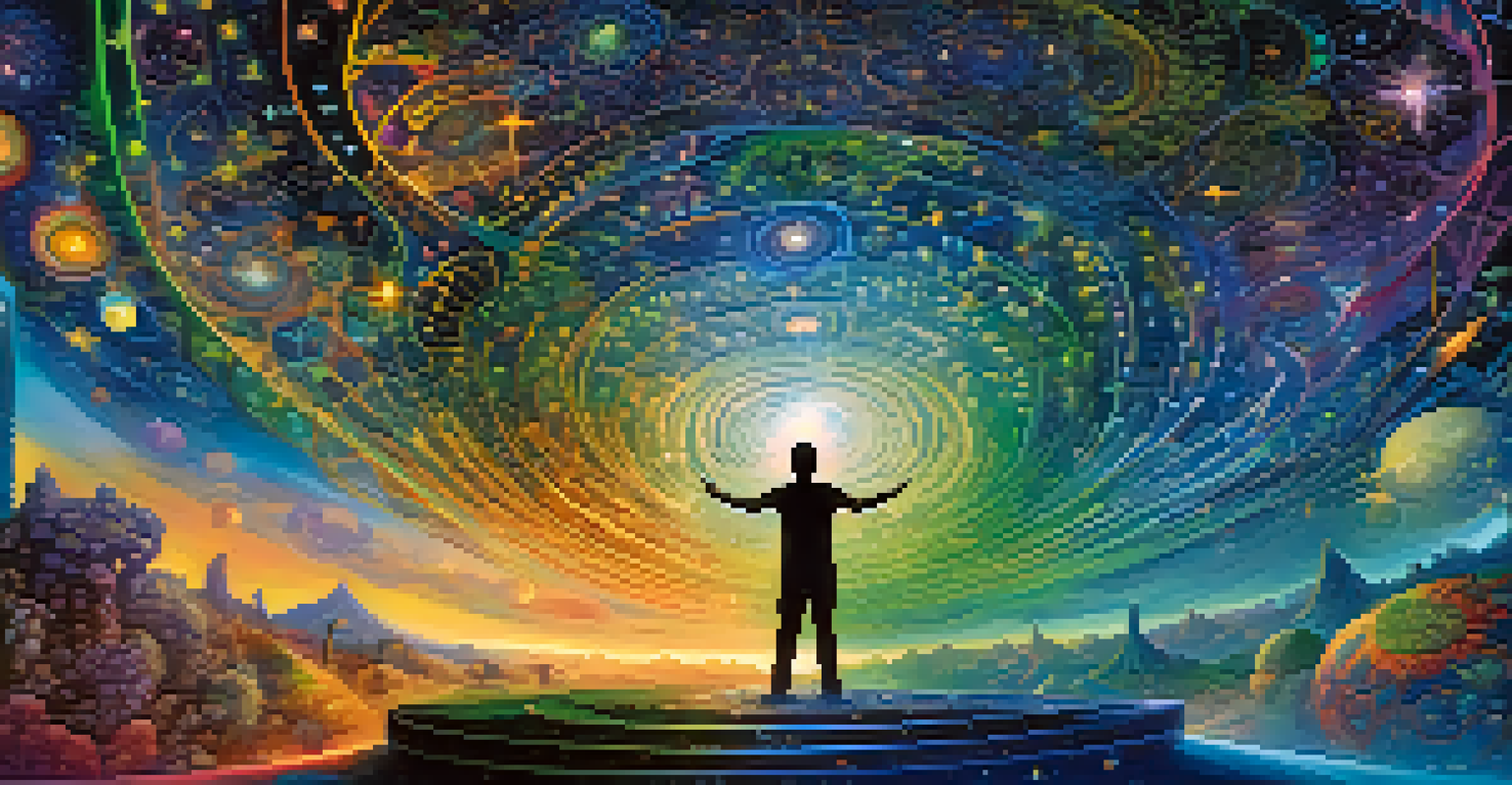 A psychedelic experience with colorful patterns and a silhouette of a person symbolizing spiritual awakening.