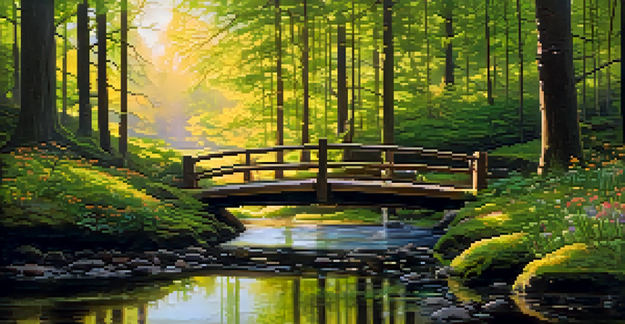 A tranquil forest with sunlight filtering through leaves, a stream and a wooden bridge.
