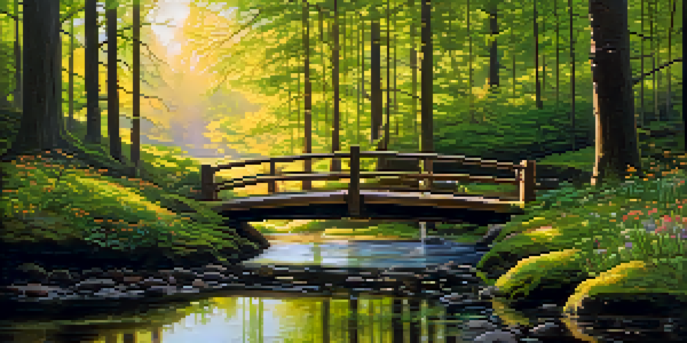 A tranquil forest with sunlight filtering through leaves, a stream and a wooden bridge.