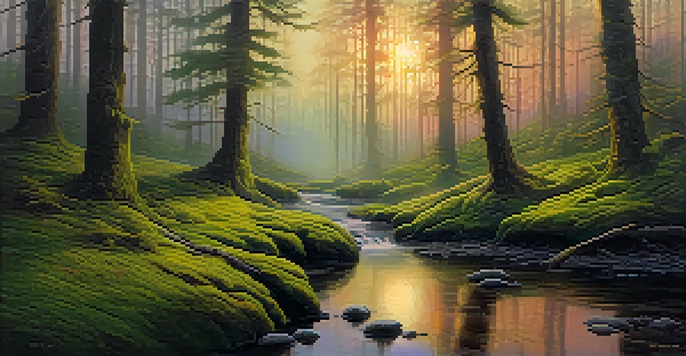 A tranquil forest at dusk with golden light filtering through trees, moss-covered ground, and a misty atmosphere.