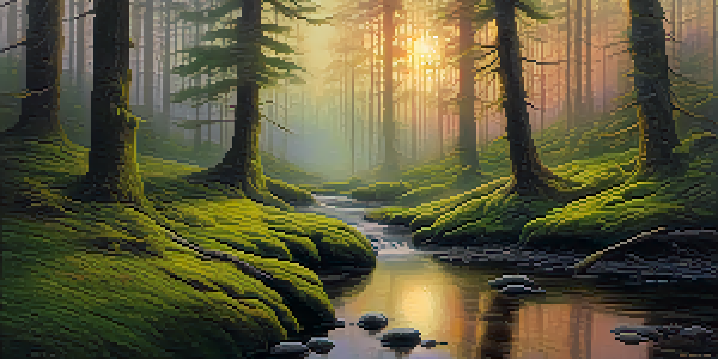 A tranquil forest at dusk with golden light filtering through trees, moss-covered ground, and a misty atmosphere.
