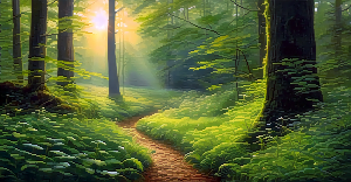 A peaceful forest at dawn, with sunlight shining through the trees and a path leading into the greenery, featuring mushrooms in the foreground.
