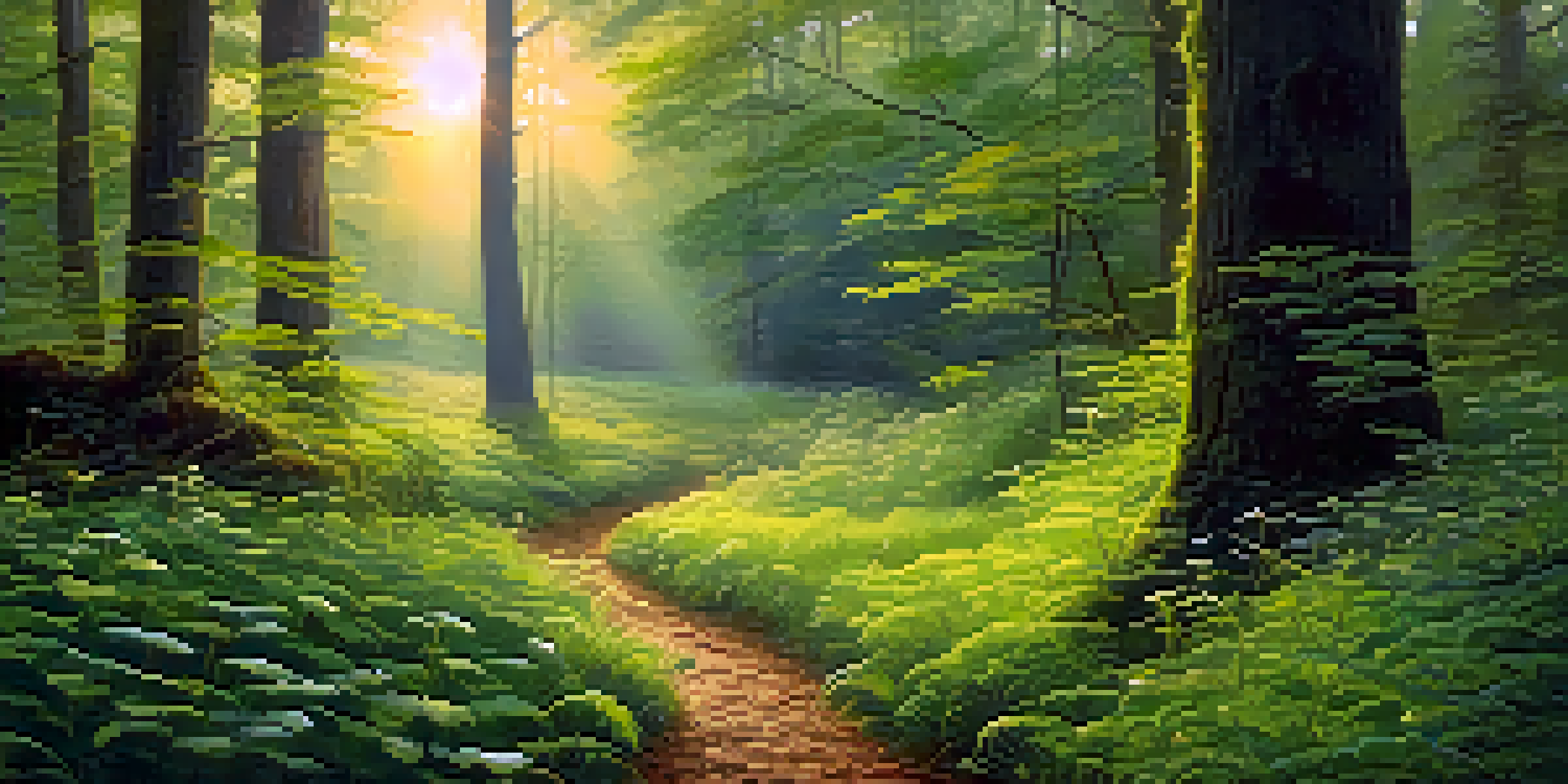 A peaceful forest at dawn, with sunlight shining through the trees and a path leading into the greenery, featuring mushrooms in the foreground.