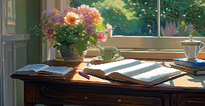 A peaceful writing desk near a window with sunlight streaming in, surrounded by vibrant flowers in a garden.