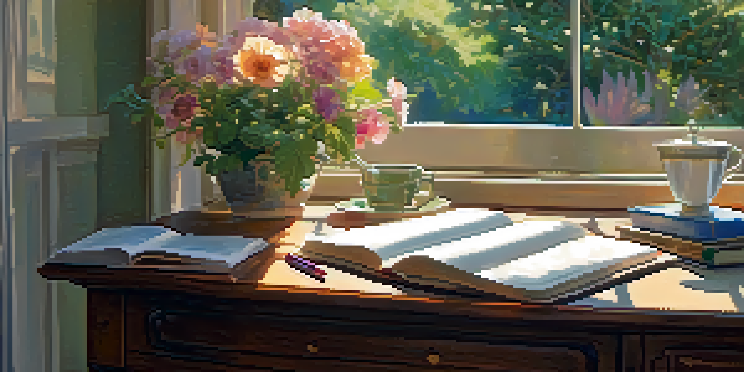 A peaceful writing desk near a window with sunlight streaming in, surrounded by vibrant flowers in a garden.