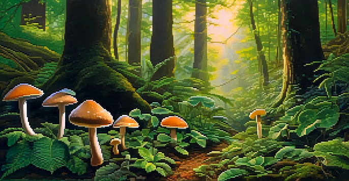 A peaceful forest filled with hallucinogenic plants like psilocybin mushrooms, bathed in filtered sunlight creating a mystical ambiance.