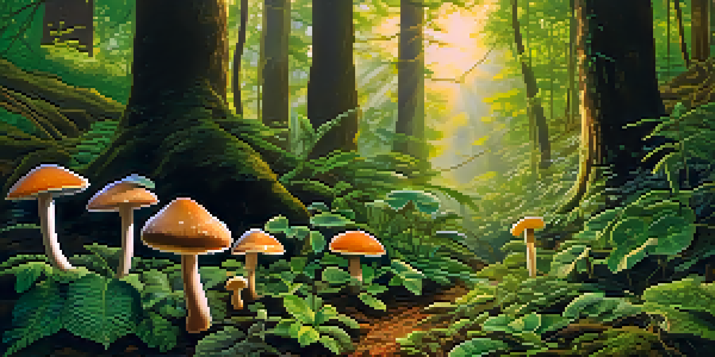 A peaceful forest filled with hallucinogenic plants like psilocybin mushrooms, bathed in filtered sunlight creating a mystical ambiance.