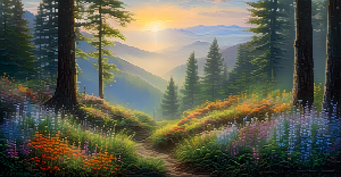 A tranquil forest at sunrise with golden light filtering through trees and colorful wildflowers in the foreground, set against misty mountains.