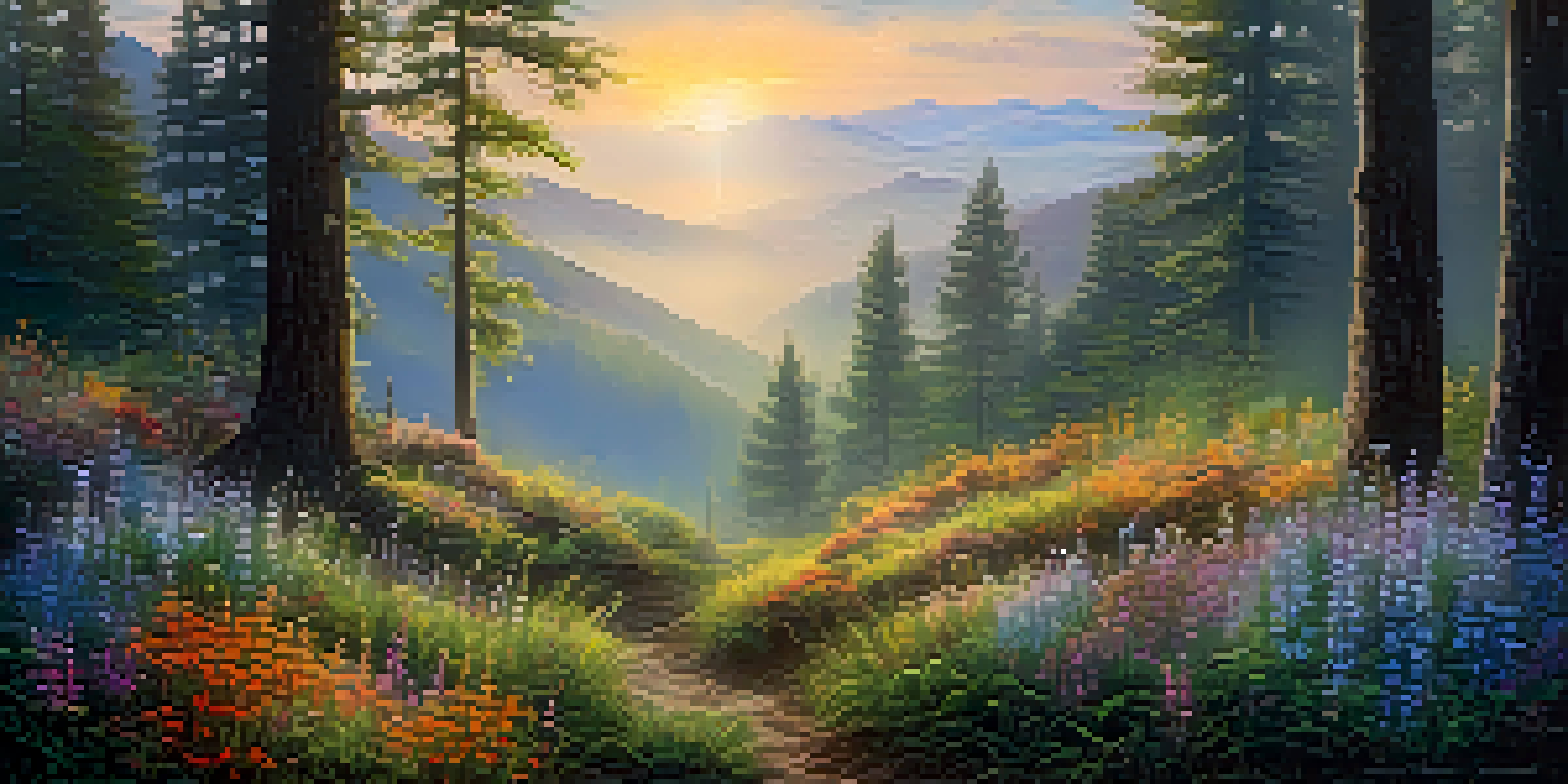 A tranquil forest at sunrise with golden light filtering through trees and colorful wildflowers in the foreground, set against misty mountains.