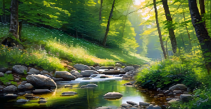 A tranquil forest scene with a stream, trees, and wildflowers, illuminated by soft sunlight and mist.