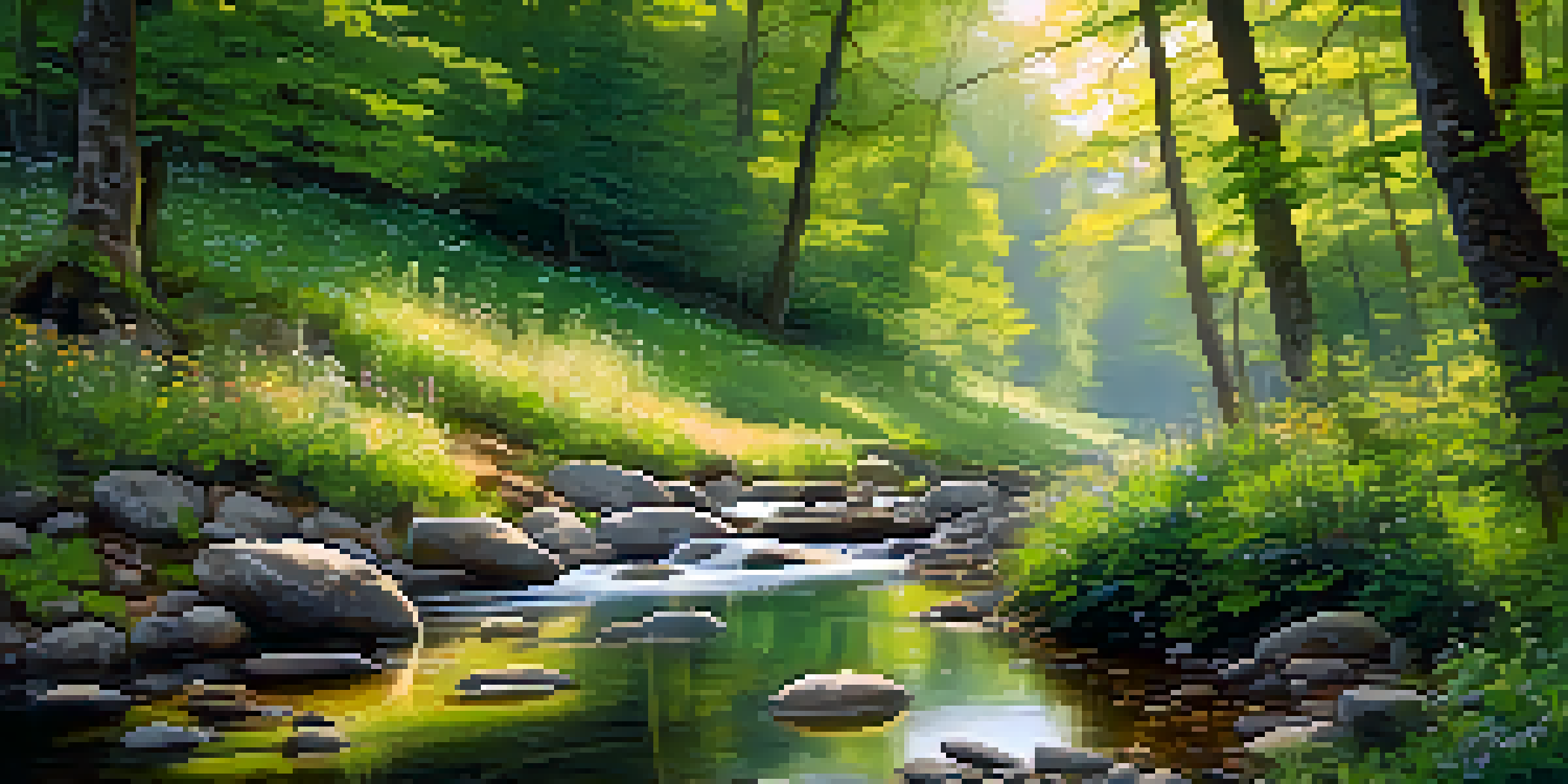 A tranquil forest scene with a stream, trees, and wildflowers, illuminated by soft sunlight and mist.