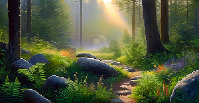 A peaceful forest at dawn with mist, sunlight filtering through trees, and a circle of stones in a clearing surrounded by ferns and wildflowers.