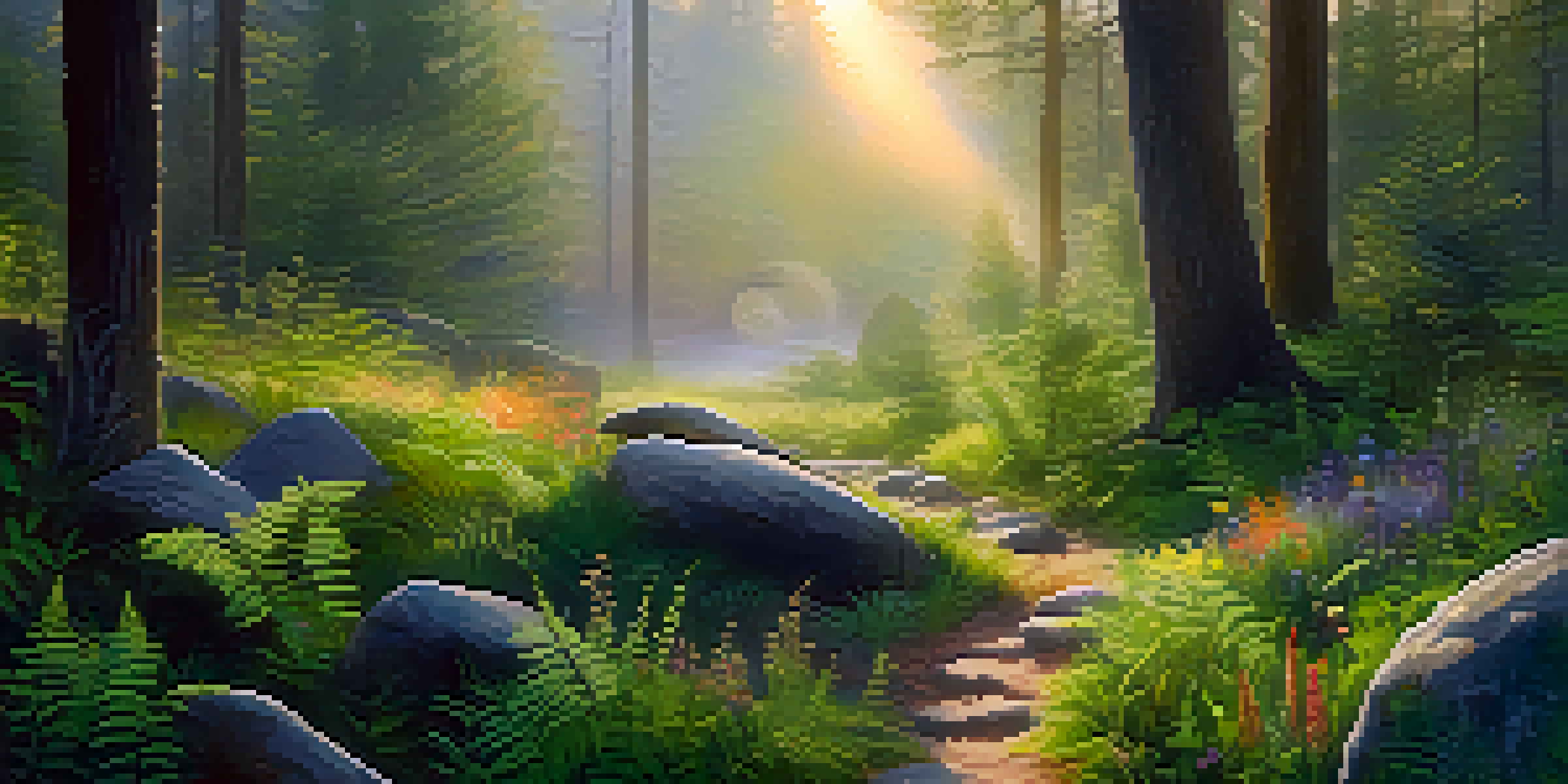 A peaceful forest at dawn with mist, sunlight filtering through trees, and a circle of stones in a clearing surrounded by ferns and wildflowers.