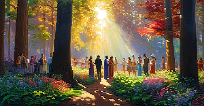 A diverse group of people in a forest, participating in a spiritual ceremony with sunlight filtering through the trees.