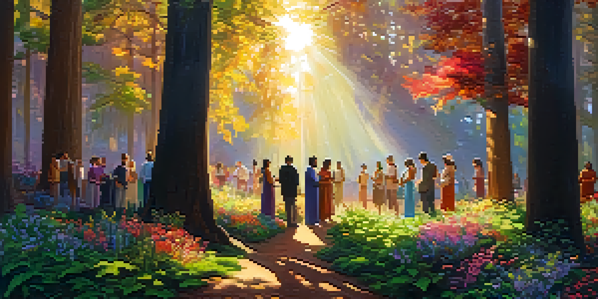 A diverse group of people in a forest, participating in a spiritual ceremony with sunlight filtering through the trees.