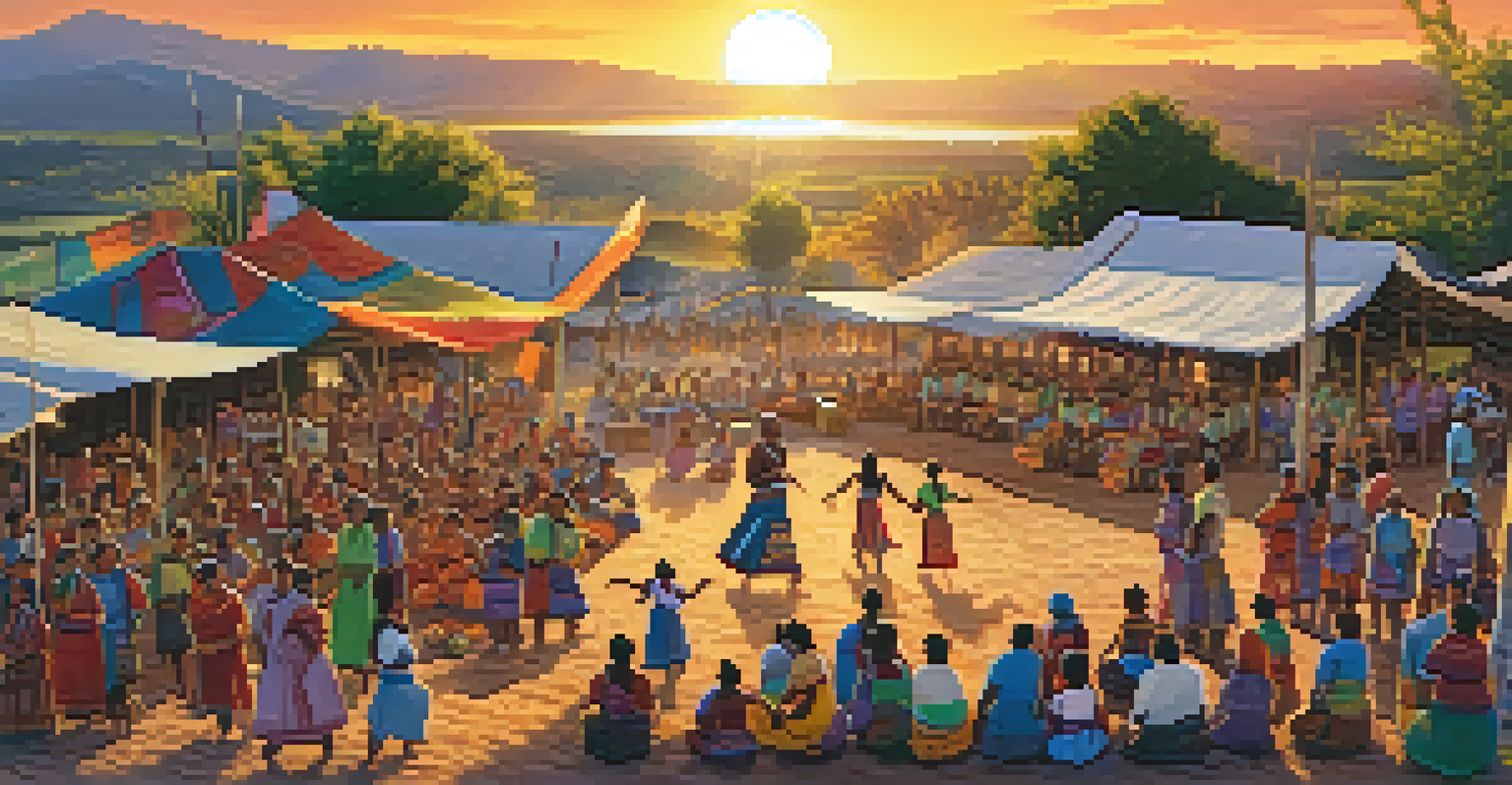 A lively community gathering in an Indigenous village with people dancing and sharing food under colorful decorations.