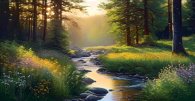 A peaceful forest scene at sunrise with golden light, wildflowers, and a flowing stream.