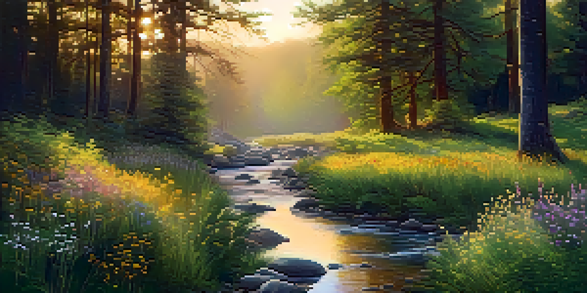 A peaceful forest scene at sunrise with golden light, wildflowers, and a flowing stream.