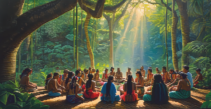 A peaceful Amazon rainforest with indigenous people participating in a traditional ayahuasca ceremony, surrounded by tall trees and soft sunlight.