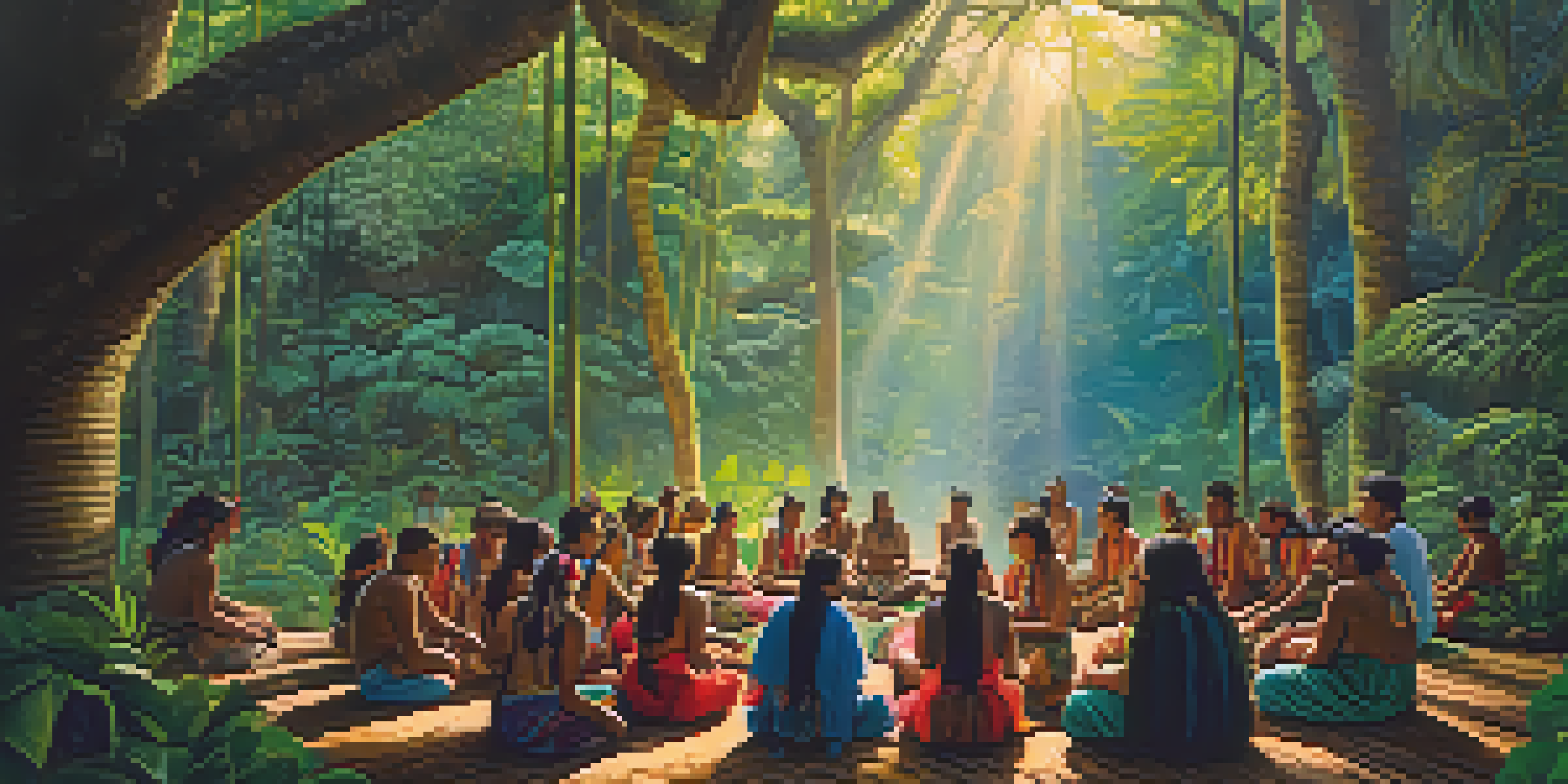 A peaceful Amazon rainforest with indigenous people participating in a traditional ayahuasca ceremony, surrounded by tall trees and soft sunlight.