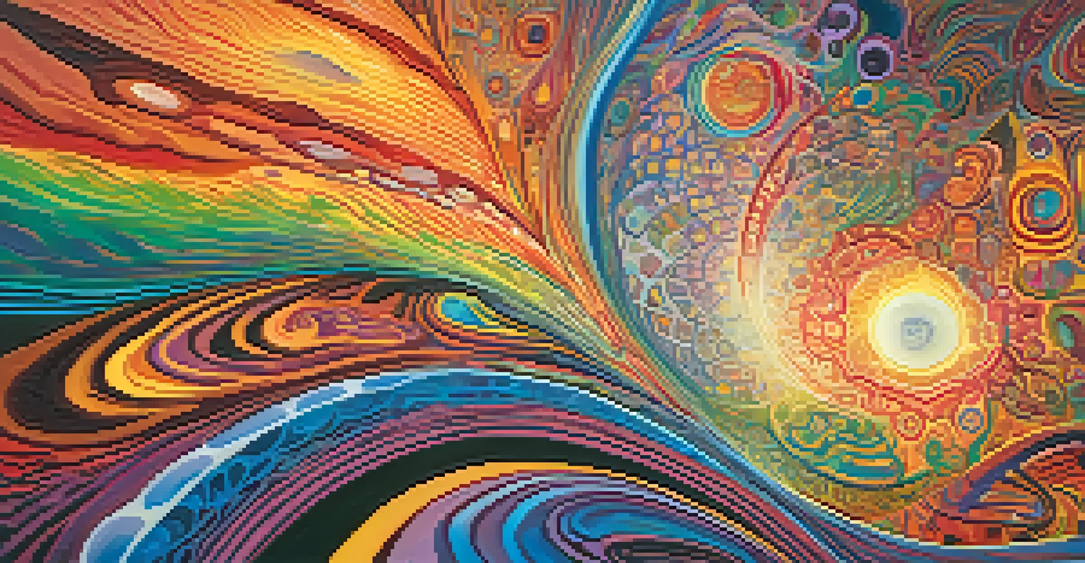 An abstract image depicting vibrant colors and patterns, symbolizing a psychedelic experience and mental exploration.