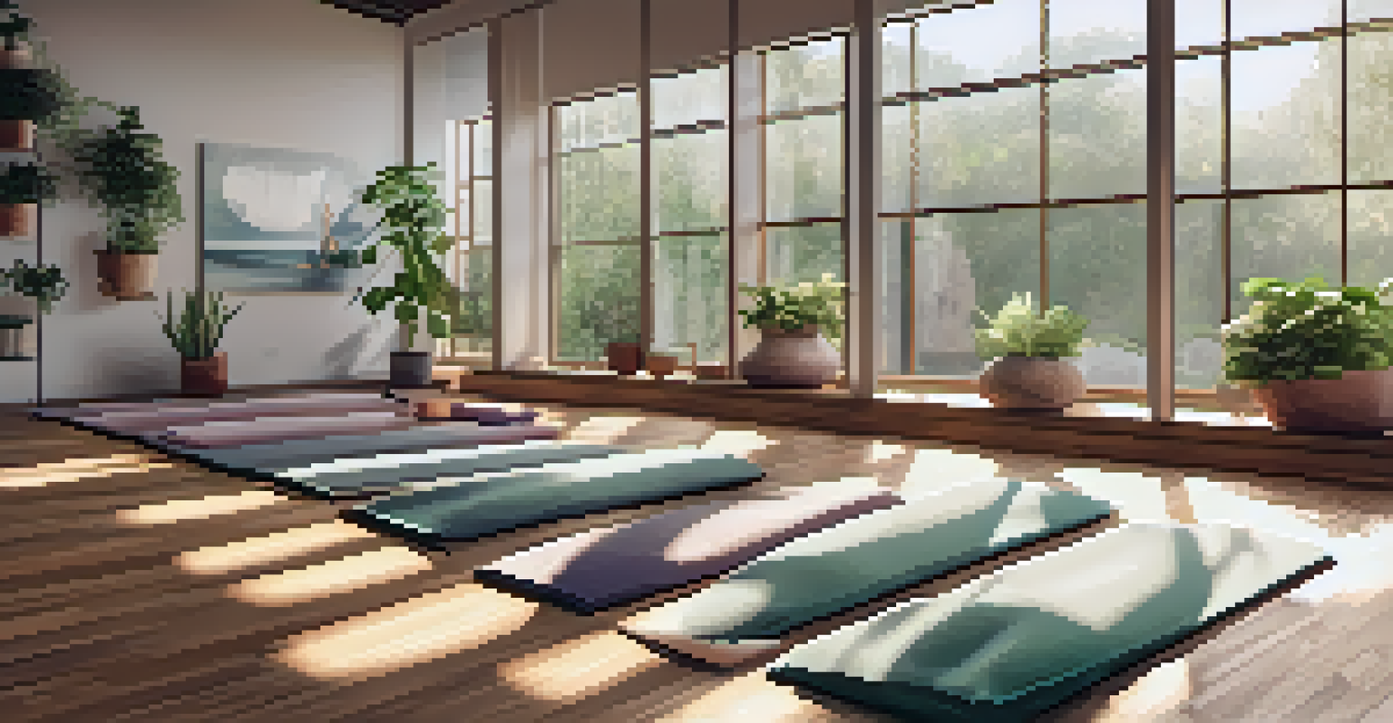 An inviting yoga studio filled with natural light, featuring wooden floors, potted plants, and meditation cushions.
