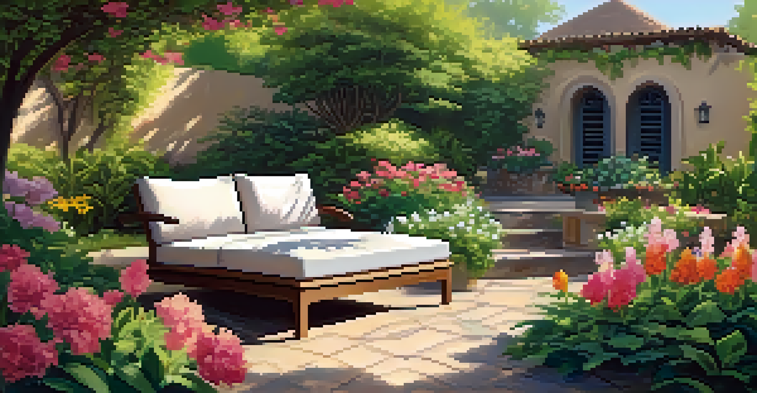 A peaceful garden with a seating area surrounded by colorful flowers and greenery.