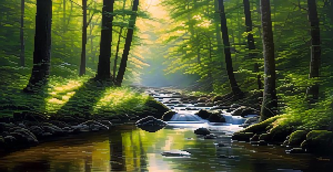 A peaceful forest scene with sunlight shining through the trees and a small stream flowing.