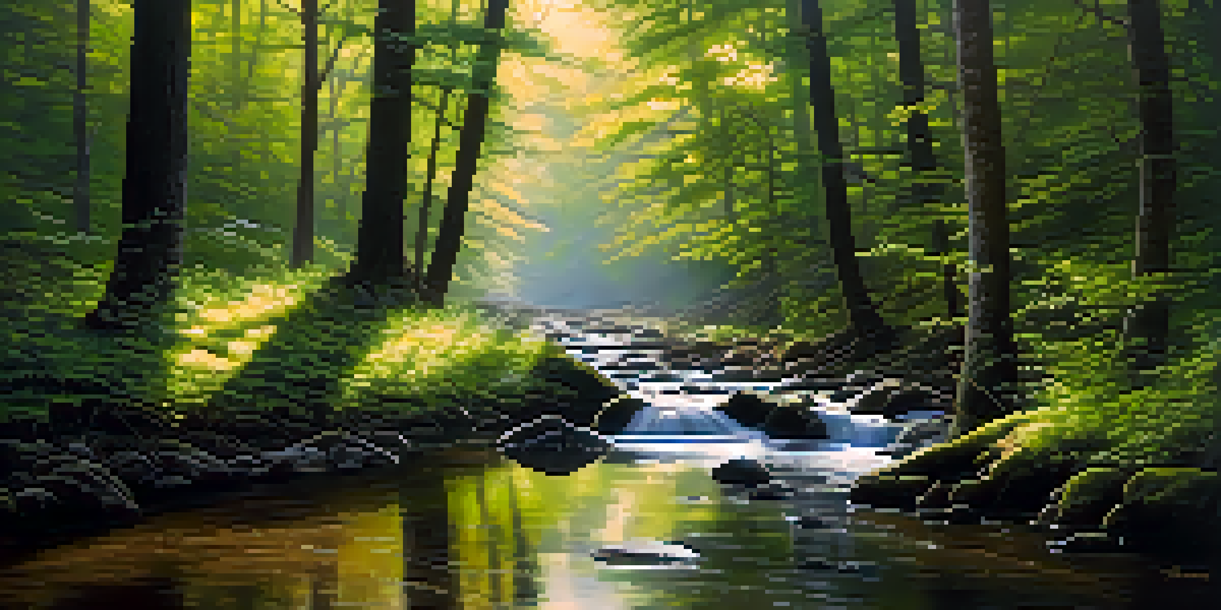 A peaceful forest scene with sunlight shining through the trees and a small stream flowing.
