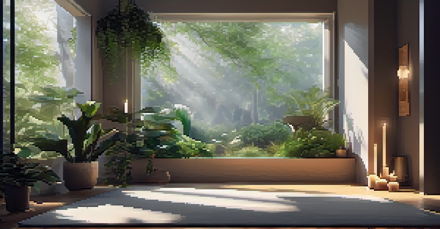 A serene meditation space with a soft mat, plants, candles, and sunlight creating a calm atmosphere.