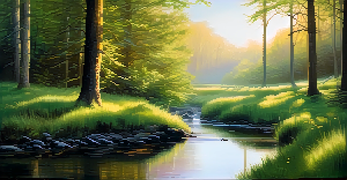 A peaceful forest at dawn with mist, sunlight filtering through trees, and a winding stream.