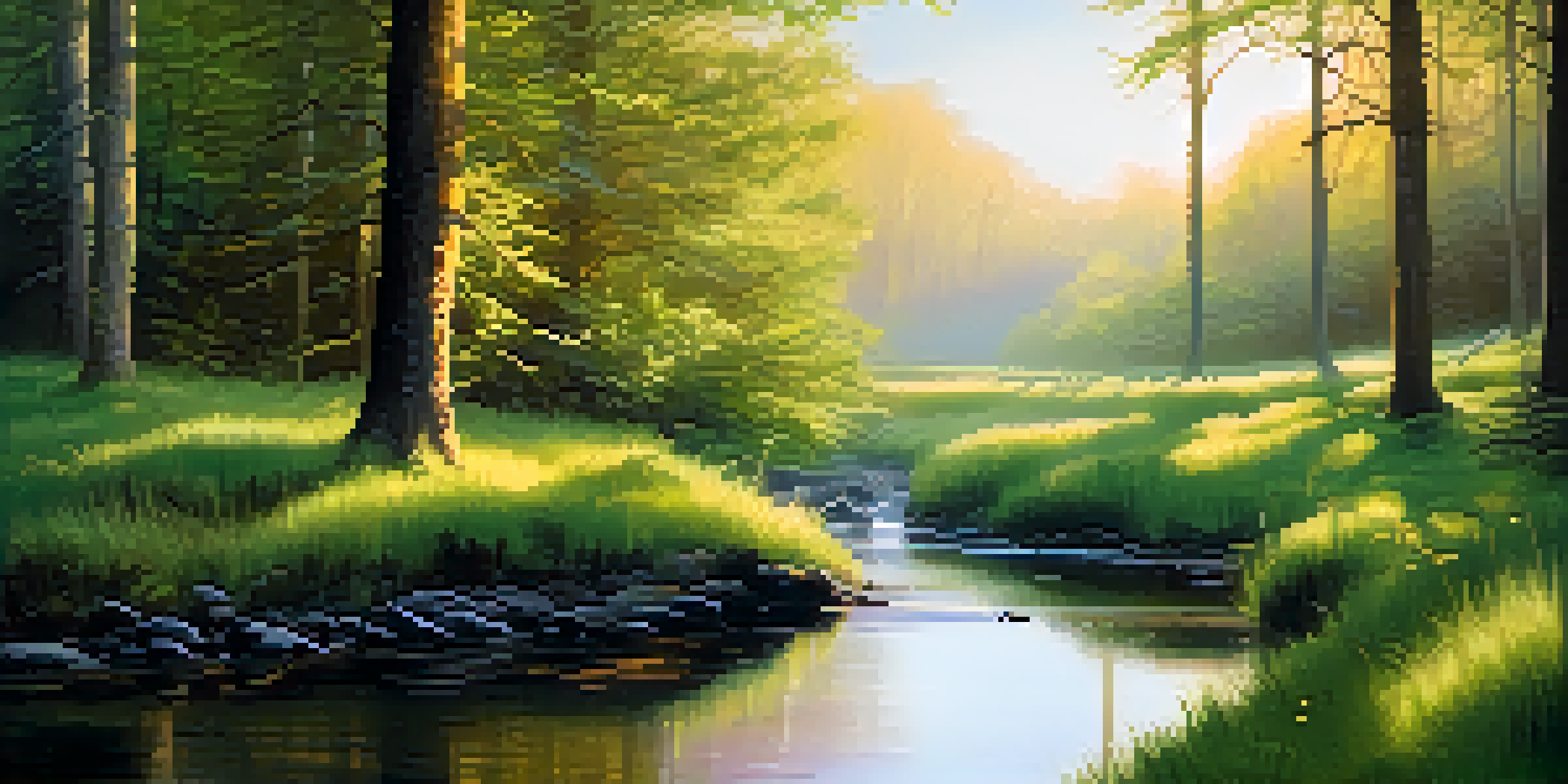 A peaceful forest at dawn with mist, sunlight filtering through trees, and a winding stream.