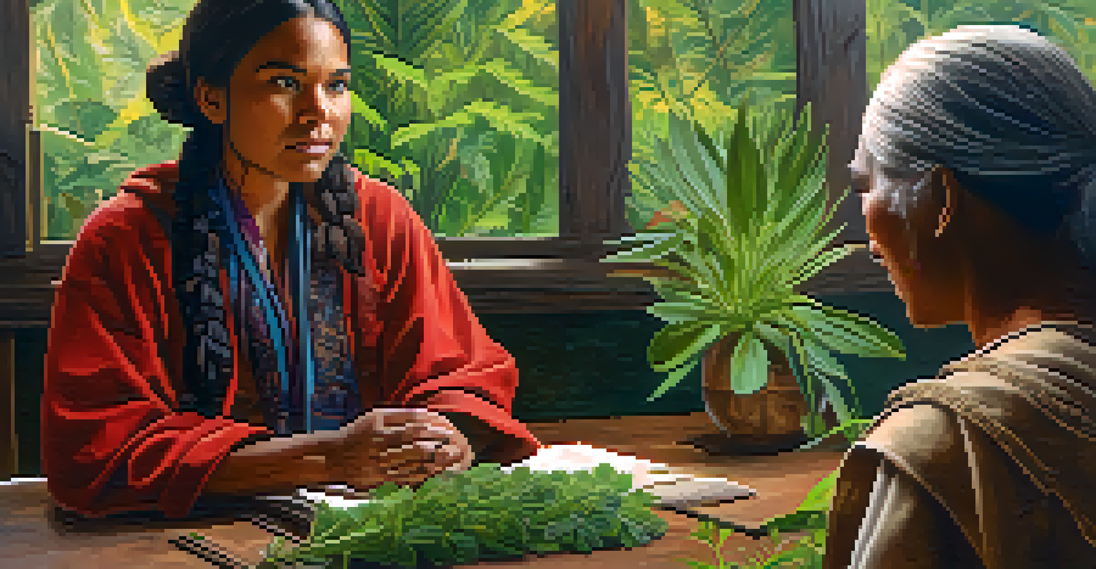 A close-up view of a researcher and an indigenous healer sharing knowledge about traditional plants on a rustic table.