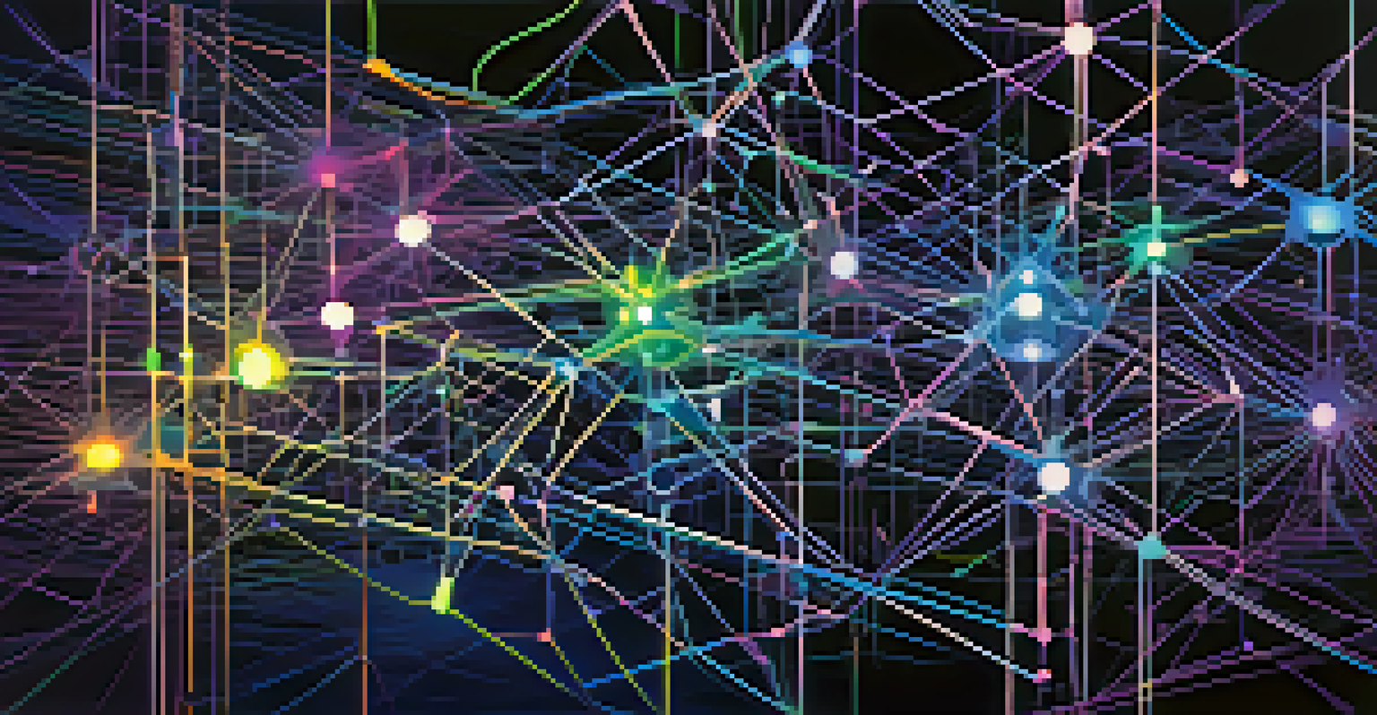 An abstract illustration of neural networks with glowing nodes and lines on a dark background.