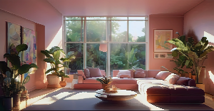 A peaceful indoor setting with soft lighting, cushions, and calming plants, designed for a psychedelic session.