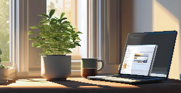 A cozy workspace with a wooden desk, open laptop, sunlight streaming through a window, a potted plant, and a cup of herbal tea.