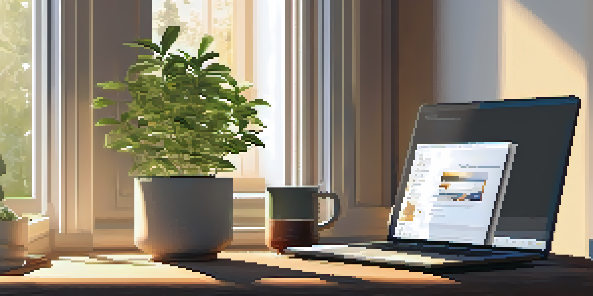 A cozy workspace with a wooden desk, open laptop, sunlight streaming through a window, a potted plant, and a cup of herbal tea.