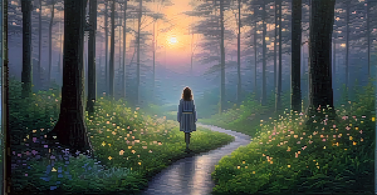 A glowing forest path at twilight with luminescent flowers and a person standing at the entrance, inviting exploration.