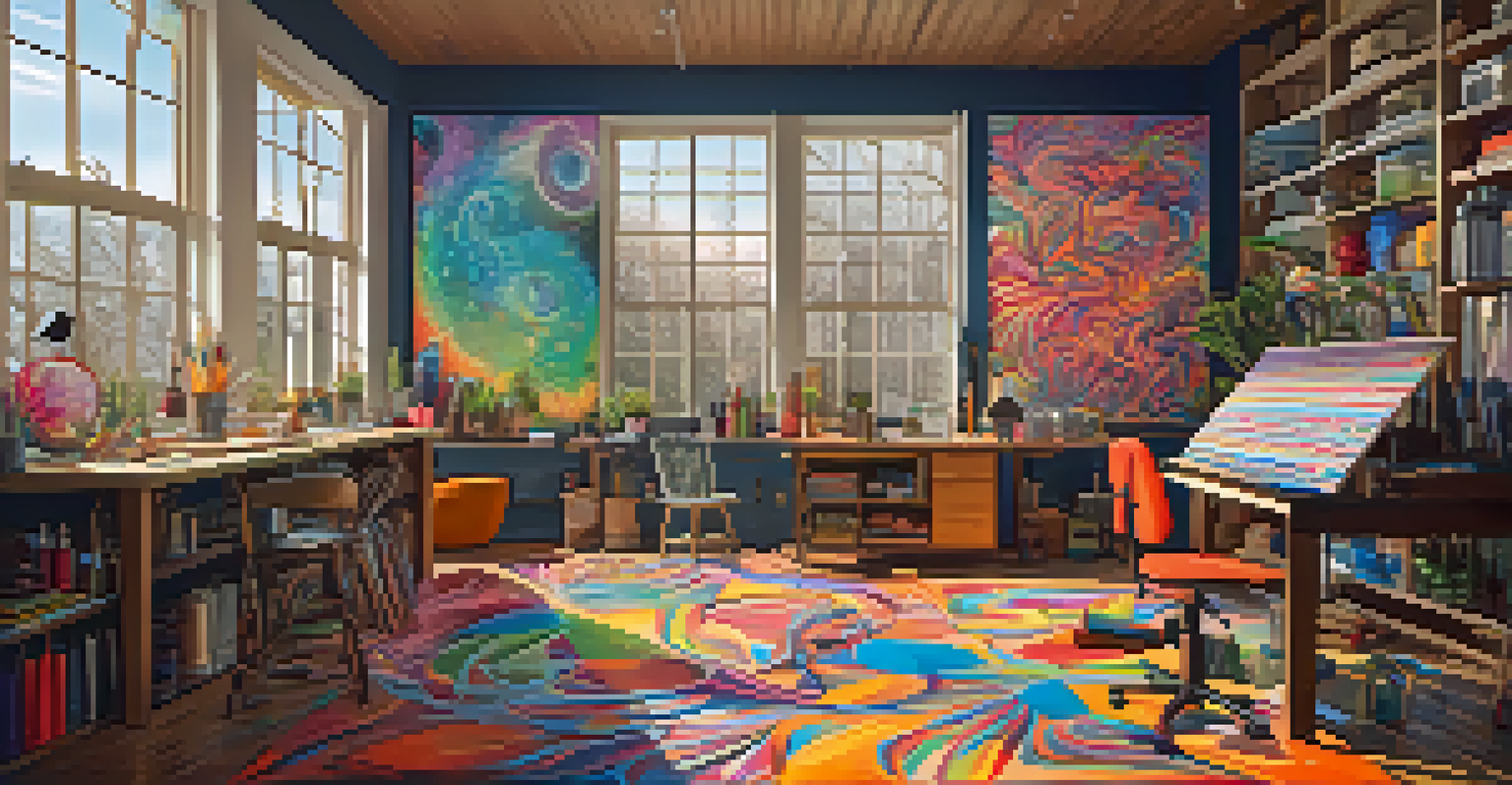 A modern art studio with a large canvas featuring psychedelic patterns, brightly colored, with natural light streaming through windows.