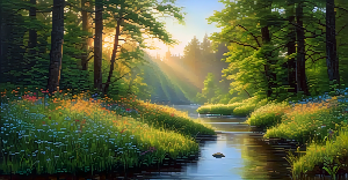 A peaceful forest at dawn with sunlight filtering through leaves and wildflowers in a clearing beside a stream.