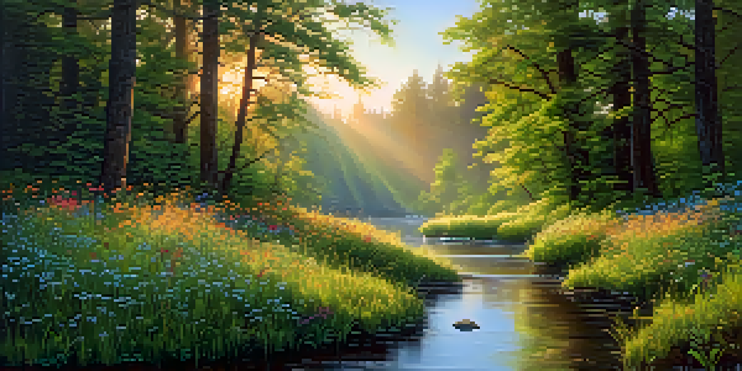 A peaceful forest at dawn with sunlight filtering through leaves and wildflowers in a clearing beside a stream.