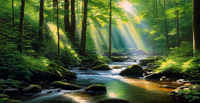A peaceful forest landscape with sunlight filtering through trees and a stream flowing.