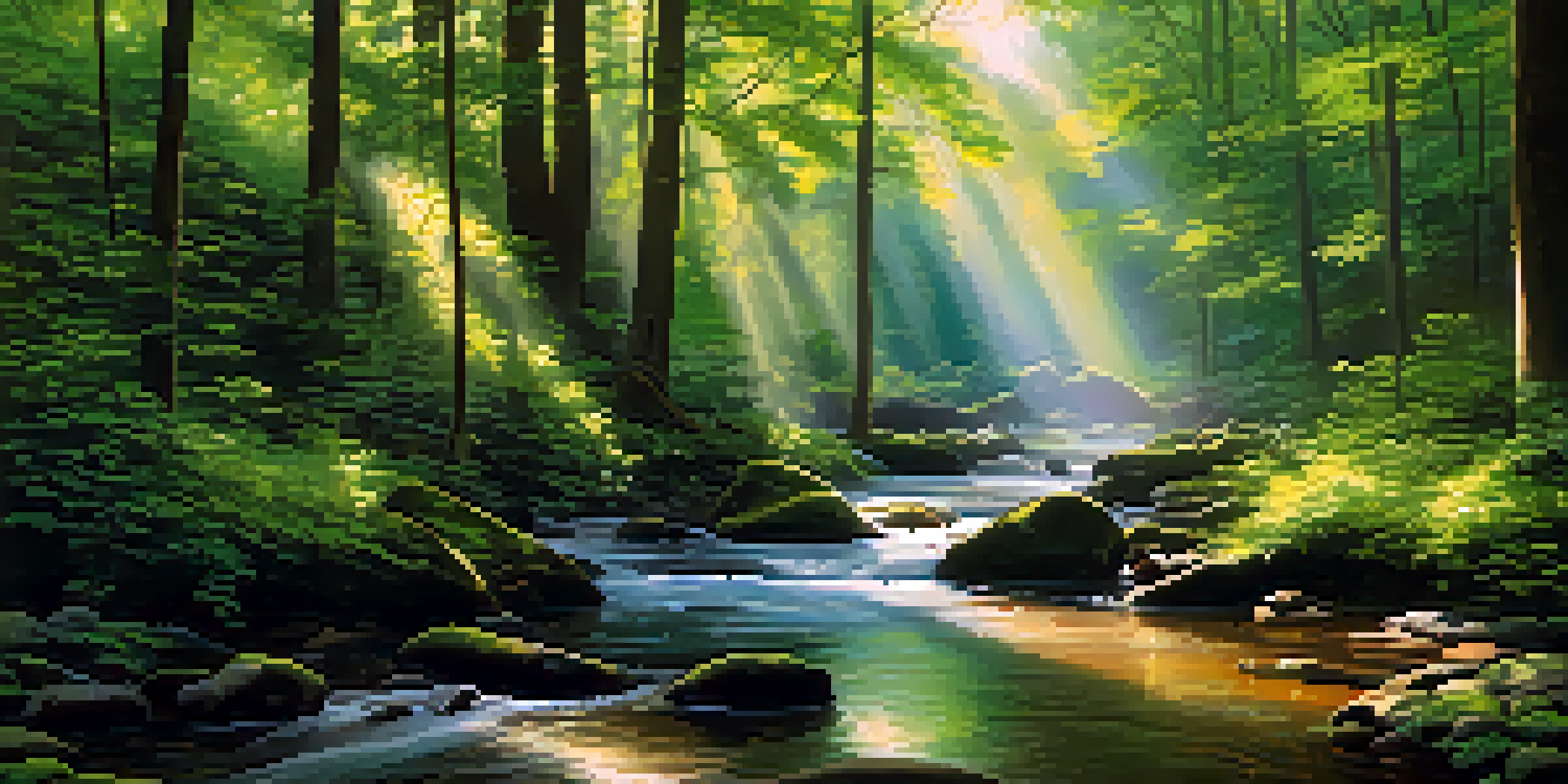 A peaceful forest landscape with sunlight filtering through trees and a stream flowing.