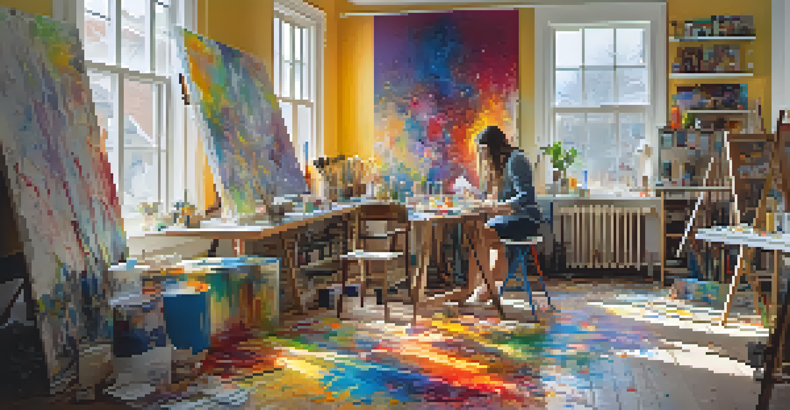 An artist in a colorful studio painting an abstract piece, surrounded by art supplies and bright natural light.