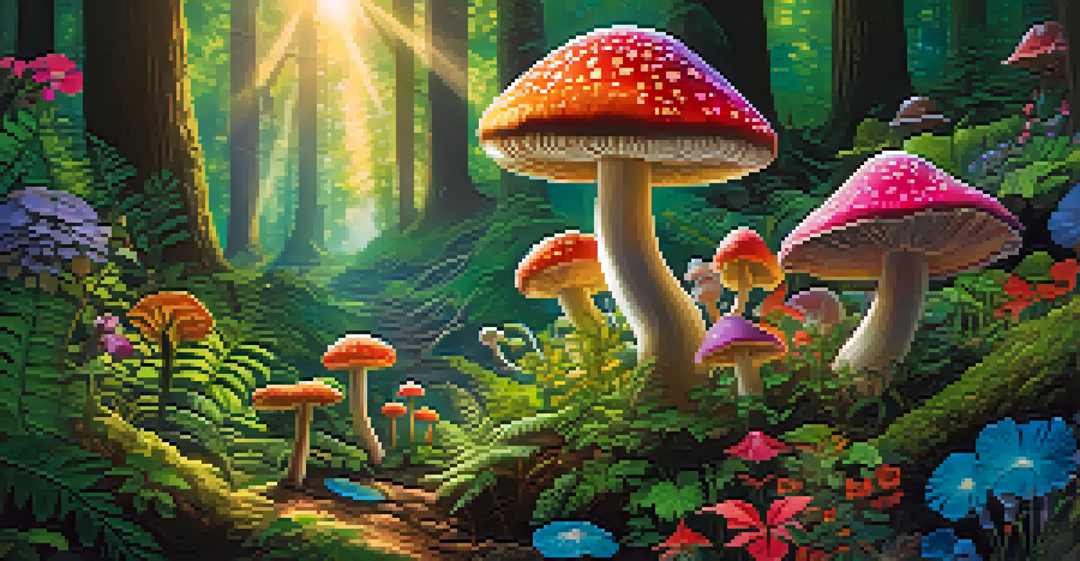Colorful psychedelic mushrooms in a lively forest filled with vibrant flowers and sunlight filtering through trees.