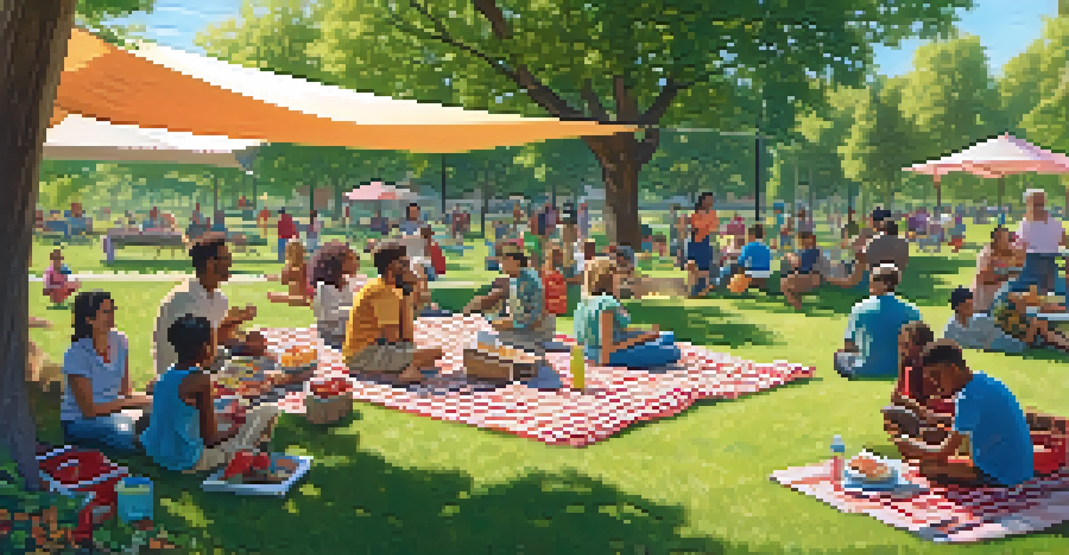 A community gathering in a park with diverse people enjoying a picnic, children playing, and trees providing shade.
