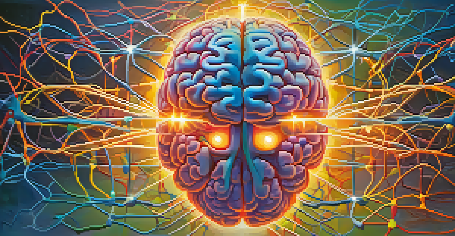 An abstract image of the brain with highlighted serotonin receptors, showcasing glowing neural connections and vibrant colors.