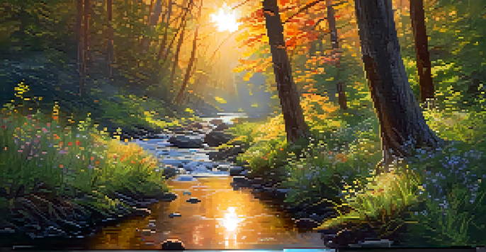 A peaceful forest with sunlight shining through the trees, colorful wildflowers in the foreground, and a stream reflecting the sunset.