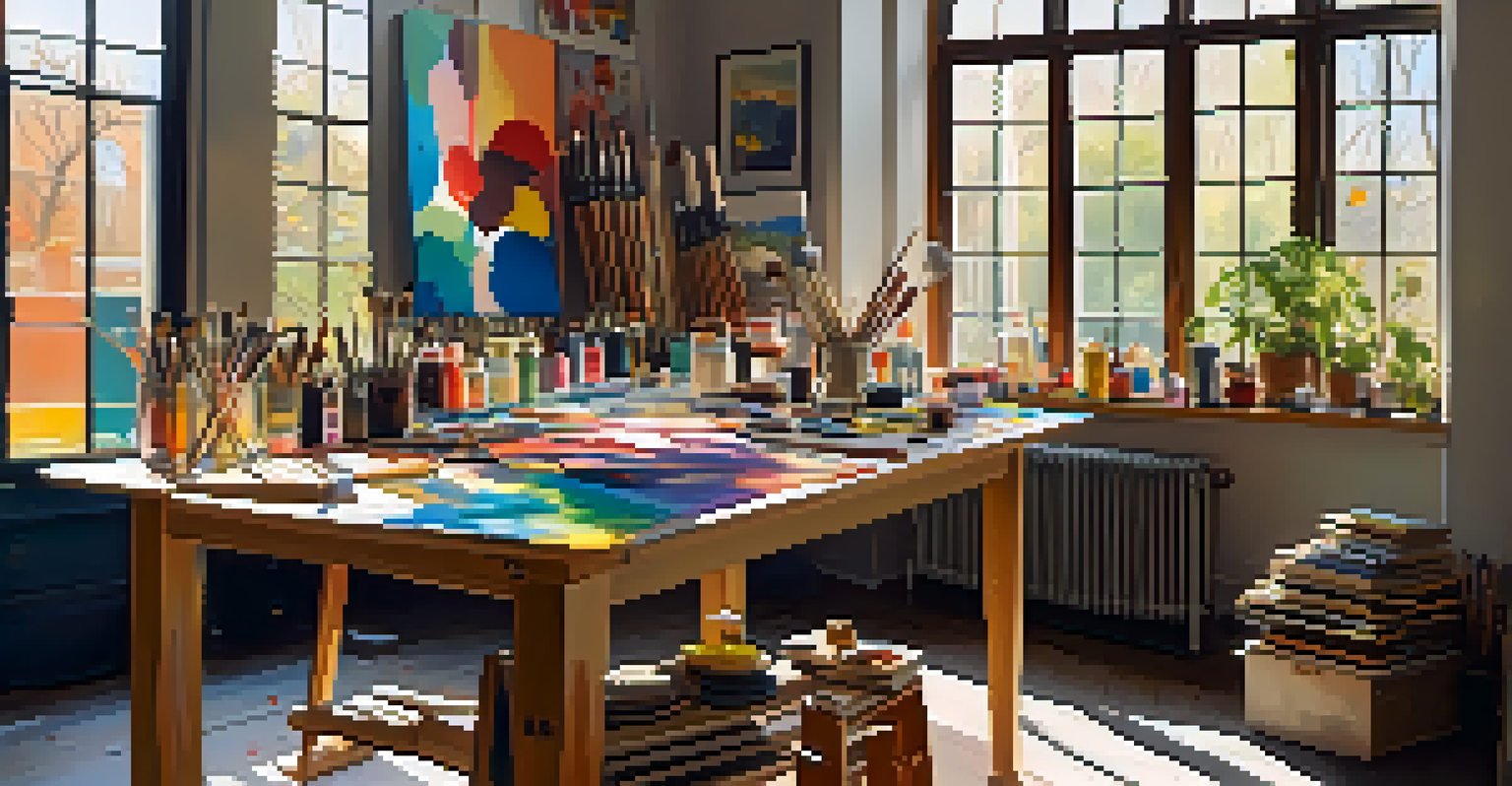 An artist's studio filled with colorful abstract paintings, splashes of paint on the walls, art supplies on a table, and sunlight creating shadows.